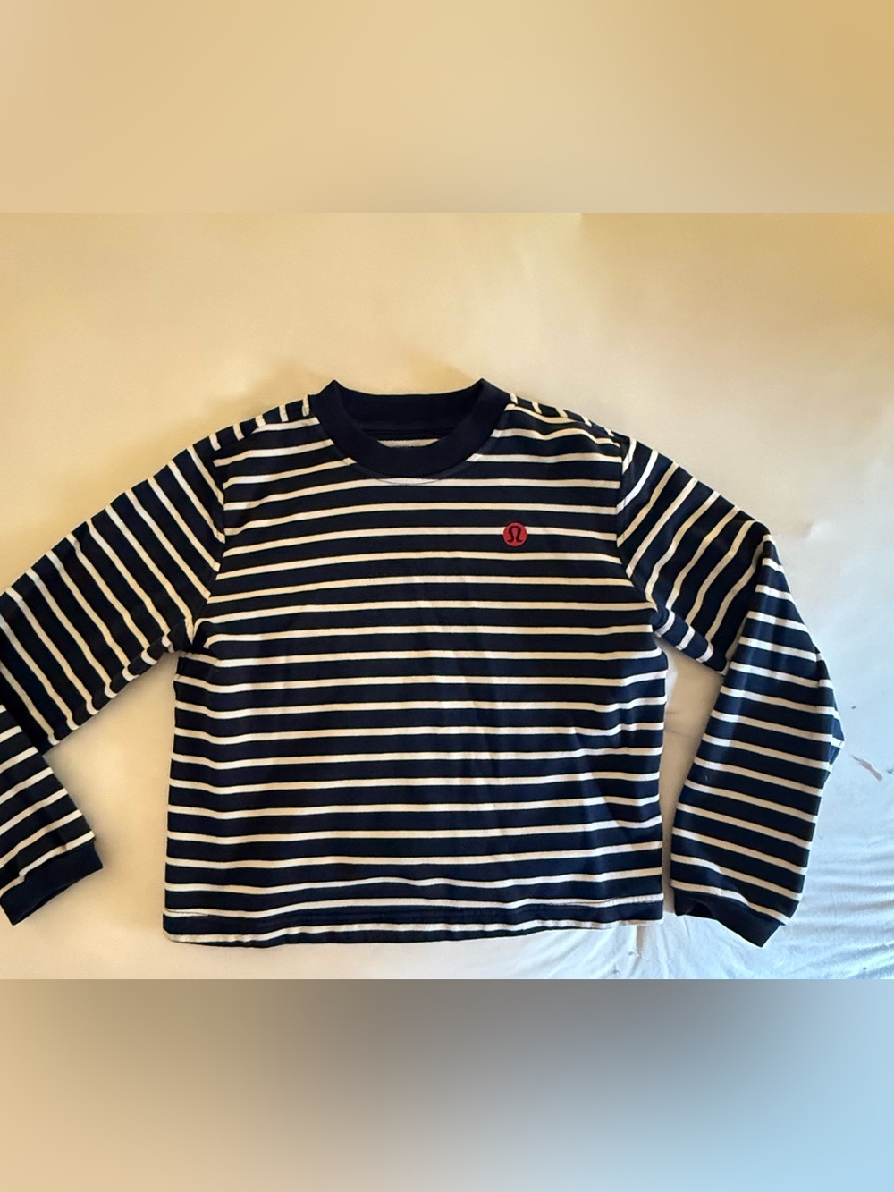 lululemon athletica Navy & White Striped Long Sleeve Sweatshirt with Red Logo